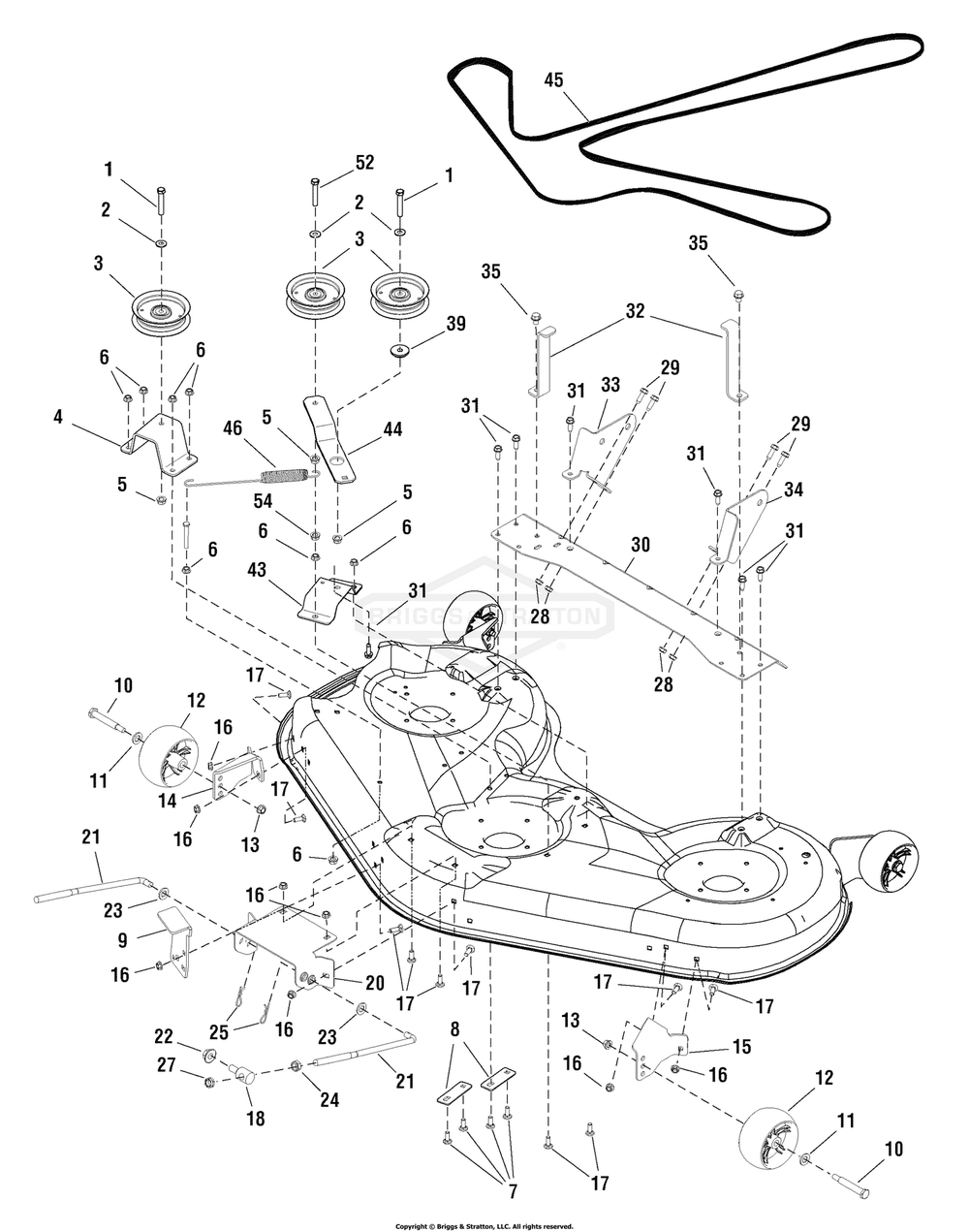 52-Inch Mower Deck - Clutch And Support Group (7501432) Diagram and Parts List for 7800538 (C950-60928-0)(2009) Briggs and Stratton Lawn Tractor